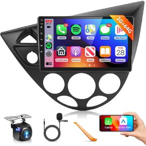 Podofo 2G 64G Android Car Stereo for Ford Fiesta 1995-2001 Ford Focus 1998-2006 Radio with Wireless Carplay Android Auto 9inchHD IPS Touch Screen Bluetooth GPS WiFi RDS FM Radio AHD Backup Camera