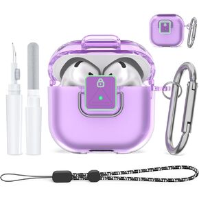 [Secure Lock] for Airpods 4 Case, Soft Clear TPU Shockproof Protective Cover for Airpods 4 Accessories with Cleaning Kit & Keychain & Lanyard (Clear Purple)
