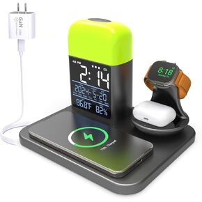 3 in 1 Wireless Charging Station,Wireless Charger Compatible with iPhone 16/15/14/13/12/11/Pro/Max/XS/Plus.for Apple Watch,Charging Dock for AirPods with Digital Alarm Clock and Night Light
