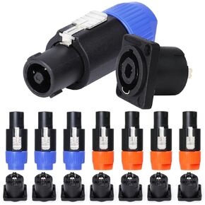 4 Pole Speakon Connector, 8pcs SpeakON Twist Lock Plug and NL4MP Panel Mount Socket, Compatible with NL4FC, NL4FX, NL4MPR Connectors Adapter - Blue & Orange Kit
