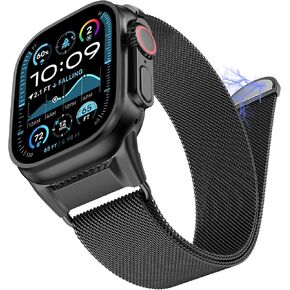 Milanese Mesh Loop Compatible with Apple Watch Band Ultra 2/1 49mm Series 10 46mm, Mechanical Design Metal Connector for iwatch Series 9/8/7 45mm, SE2/SE/Series 6/5/4 44mm, Series 3/2/1 42mm