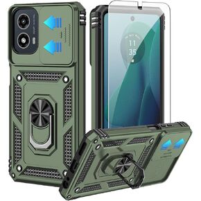 for Moto G 5G 2024 Case,with HD Screen Protector,[Slide Camera Cover],Military Grade Rugged Drop Protective Case with Magnetic Shockproof Kickstand for Moto G 5G 2024 (Olive Green)