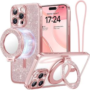 Meifgino Magnetic Case with Removable Phone Ring Stand for iPhone 16 Pro Max 6.9’’, [Glitter Card & Wrist Strap] [MagSafe Compatible] [Built in Mirror] Phone Ring Stand + Phone Case Kit, Rose Gold