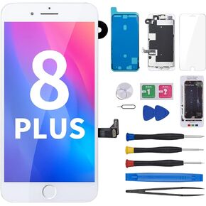 for iPhone 8 Plus Screen Replacement with Home Button 5.5" White, 8plus 3D Touch LCD Display Digitizer Full Assembly with Front Camera Speaker Sensor Repair Kit, Fix Tools A1864,A1897,A1898