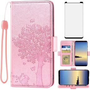Asuwish Compatible with Samsung Galaxy Note 8 Wallet Case and Tempered Glass Screen Protector Flip Wrist Strap Card Holder Cell Phone Cover for Glaxay Note8 Not S8 Galaxies Gaxaly Women Men Rose Gold