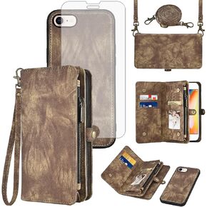 Phone Case for iPhone 7/8/SE 2020/2022 Zipper Wallet Cell Cover with Screen Protector Strap Flip Card Holder iPhone7 iPhone8 7s 8s i SE2020 SE2022 2/2nd/3/3rd Generation SE2 SE3 7SE 8SE Women Brown