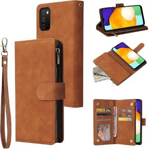 LBYZCASE for Samsung Galaxy A03S Case with Card Holder,Durable Luxury Magnetic Folio Flip Leather Zipper Pocket Wrist Strap Kickstand Women Men for Samsung Galaxy A03S US version (Brown)
