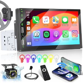 7 Inch Single Din Car Stereo with Wireless Carplay Android Auto, HD Touch Screen 1 Din Radio with Bluetooth FM SWC EQ Mirror Link Backup Camera MIC, AUX/USB Input