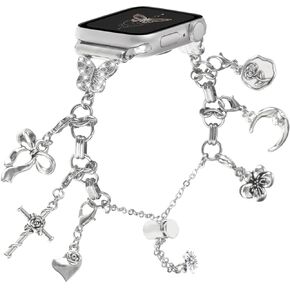 Charm Bracelet Watch Band Compatible with Apple Watch Bands 38mm 40mm 41mm 42mm 44mm 45mm 49mm 46mm for Women, Bling Jewelry Charms Metal Strap for iWatch Series 10 9 8 7 6 5 4 3 2 1 SE Ultra (Silver Butterfly Charm, 38mm/40mm/41mm/42mm(Series 10)