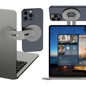 Magnetic Laptop Phone Holder Compatible with MagSafe iPhone/Samsung, 110° Foldable & 180° Adjustable Side Phone Mount for Computer/Tesla/Monitor/All Phones, Gray