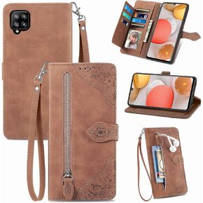 Compatible with Samsung Galaxy A42 5G Wallet Case with Wrist Strap Lanyard and Leather Flip Card Holder Stand Cell Accessories Folio Purse Phone Cover for A 42 G5 42A S42 4G 2021 Women Brown