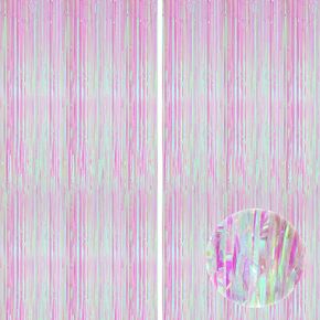 KatchOn, XtraLarge Foil Iridescent Backdrop Curtain - 3.2x8 Feet, Pack of 2 | Pink Tinsel Curtain Backdrop for Iridescent Party Decorations | Iridescent Streamer Backdrop | Galentines Day Decorations