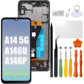 Replacement for Samsung Galaxy A146U A146P LCD Screen with Frame for Samsung A14 5G SM-A146U SM-146P (US Version) LCD Screen Touch Internal Digitizer Display Assembly with Repair kit