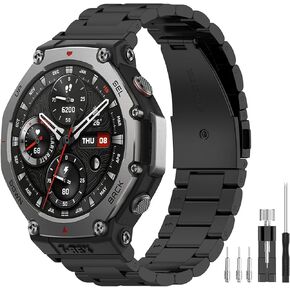 Replacement Band Compatible with Amazfit T-Rex 3, Metal Stainless Adjustable Business Style, Solid Stainless Steel Quick Release Strap for Amazfit T-Rex 3 Band Watch Strap