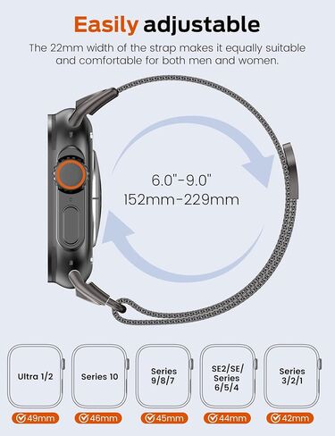 حلقة Milanese Mesh Mesh متوافقة مع Apple Watch Band Ultra 2/1 49mm Series 10 46mm ، موصل التصميم الميكانيكي للمعادن لسلسلة Iwatch 9/8/7 45mm ، SE2/SE/Series 6/5/4 44 مم ، سلسلة 3/2/1 42 ​​ملم in Kuwait