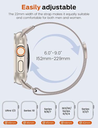 حلقة Milanese Mesh Mesh متوافقة مع Apple Watch Band Ultra 2/1 49mm Series 10 46mm ، موصل التصميم الميكانيكي للمعادن لسلسلة Iwatch 9/8/7 45mm ، SE2/SE/Series 6/5/4 44 مم ، سلسلة 3/2/1 42 ​​ملم in Kuwait