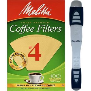Melita' Coffee Filters #4, Premium Paper Cone Coffee Filters, Natural Brown Unbleached, 100 Count, Fits All 8-12 Cup Cone Coffee Makers | With Zeusmax Adjustable 9 in 1 Measuring Spoon