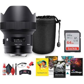 Sigma 14mm f/1.8 DG HSM Art Lens for Canon EF Bundle (450954) with Cleaning Kit, Cap Keeper, 64 GB Memory Card, Card Reader, Memory Card Wallet, Art Software, Lens Pouch
