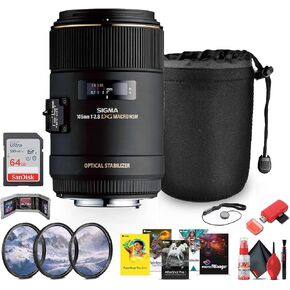 Sigma 105mm f/2.8 EX DG OS HSM Macro Lens for Canon Bundle (258101) with Cleaning Kit, Cap Keeper, 3 Piece Filter Kit, 64 GB Memory Card, Card Reader, Memory Card Wallet, Art Software, Lens Pouch