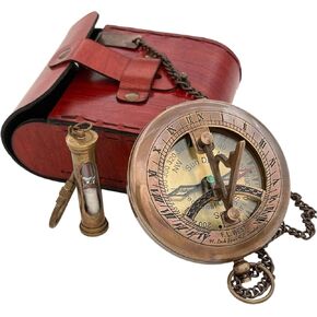 Vintage Brass Sundial Compass with Leather Case - Antique Brass & Copper Sun Clock for Camping, Hiking, Touring - Engraved Gift for Him - Nautical Ship Replica Watch - Sundial Clock in Box