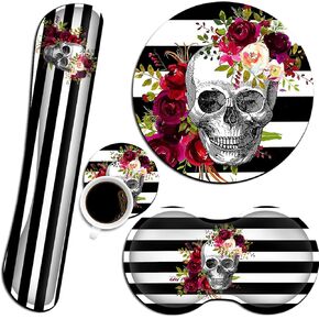 Ergonomic Mouse Pad with Wrist Support Set and Keyboard Wrist Rest Set for Laptop, Mac, Gaming and Office, Durable, Comfortable and Pain Relief + Coaster ，Skull Flower