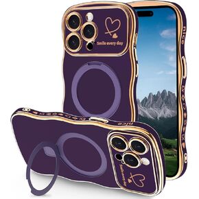 Case for iPhone 14 Pro Max with Magnetic Stand, Luxury Plating Curly Wavy Frame and Cute Heart Pattern, Lens Edge Raised Protection, Slim Shockproof Soft Case for iPhone 14 Pro Max-Purple