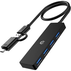 4-Port USB 3.0 Hub, Simplified Plug and Play Experience, Showcasing a 4 Port USB 3.0 Hub with 5Gbps Transfer Speed and a USB to USB C Adapter, Compatible with Mac Air/Pro, HP, and More