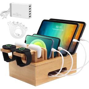 Bamboo Charging Stations for Multi Devices with 5 Port USB Charger, 6 Cables, Desktop Wood Docking Station Charger Organizer for Cell Phones, Tablets,Earphone, Watches