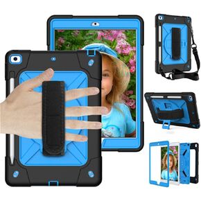Case for iPad 9/8/7 (10.2 inch Model 2021/2020/2019 9th/8th/7th Generation), Full Body Shockproof Protection Cover with 360 Degree Rotating Kickstand Wrist Strap Shoulder Strap,Black/Blue