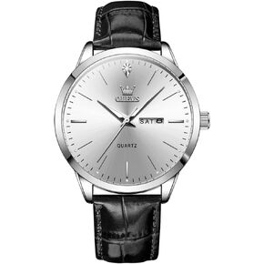 OLEVS Mens Watches, Casual Leather Watches for Men Easy to Read Quartz Number Watch with Date Waterproof Blue/Black/Silver Face Men's Wrist Watches