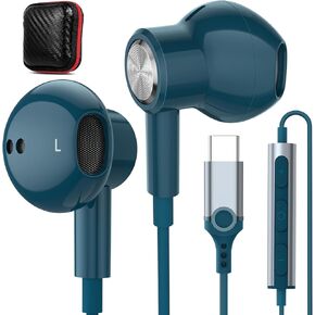 USB C Headphones Magnetic USB-C Wired Earbuds HiFi Stereo Type C Earphones Microphone Volume Control for iPhone 16 Pro 15 Plus iPad 10,Samsung Galaxy,Google Pixel,Motorola Edge/Razr,Oneplus,Lake-Blue