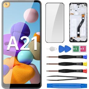 for Samsung Galaxy A21 Screen Replacement LCD Display Touch Digitizer Full Assembly with Frame Side Button Ear Speaker Vibration Motor Glass Repair Tools Kit SM-A215U SM-A215U1