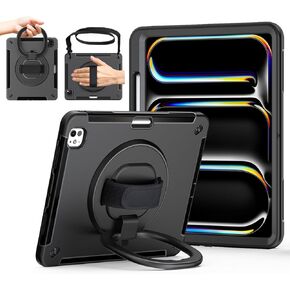 Case for iPad Pro 13 Inch 2024 M4 (Model:A2925 A2926 A3007) for Kids,with 360 Ring Handle Kickstand,Hand Strap,Pen Holder,Shoulder Strap,Black
