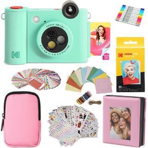 KODAK Smile+ 2-in-1 Digital Instant Print Camera & Photo Printer Gift Bundle + Case + Zink 20pk 2x3 Sticky Back Photo Paper + Album + Sticker Sets + Sticker Frames + Hanging Frames + Markers - Green