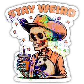 (3pcs) Stay Weird Holographic Stickers, Funny Skeleton Possum and Coffee Glitter Stickers, Water Assistant Holographic Vinyl Sticker, Size 3" Sparkly Stickers for Laptop Phone Water Bottle