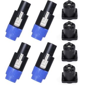 4 Sets Speakon Connector Kit, 4pcs SpeakON Plug and 4pcs NL4MP Panel Mount Socket, Compatible with NL4FC, NL4FX, NL4MPR, 4 Pole Connector Adapter