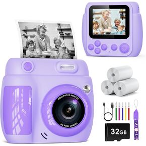 Kids Camera Instant Print, Christmas Birthday Gifts Toys for 3-10 Year Old Boys Girls, 1080P Video 20MP Toddler Digital Camera with 3 Rolls Paper & 32GB Card - Purple
