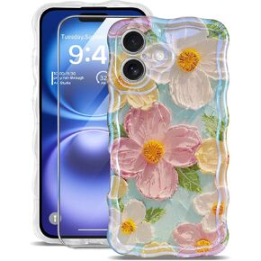 for iPhone 16 Case [with 9H Screen Protectors] Wave Bumper Colorful Oil Painting Flowers Print Blue Glossy Soft TPU Phone Case Cover for Girls Women,Green Daisy