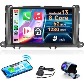 8-Core 6G+128G Carplay and Android auto Car Radio for Toyota Sienna 2011-2014, Rimoody Car Stereo with Android 13 GPS WiFi Mirror Link DSP-36 9'' Touchscreen Bluetooth FM/RDS Backup Camera