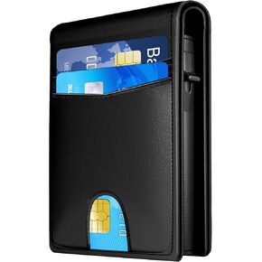 محفظة 2024 للرجال - حجب RFID [عملية وعملية] حامل بطاقة ائتمان نحيف ثنائي الطي، محفظة معدنية منبثقة مع فتحة للنقود، جيب أمامي مع نافذة لبطاقة الهوية، صندوق هدايا (ألياف الكربون)