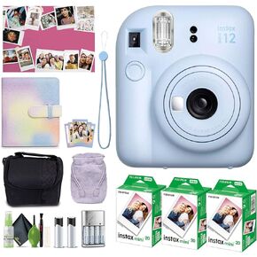 FUJIFILM INSTAX Mini 12 Instant Film Holiday 2024 Camera Bundle (Pastel Blue) + Travel Bag Small + Cleaning kit + 3X FUJIFILM INSTAX Mini Instant Film (60 Sheets) + 4xAA Battery with Charger
