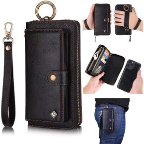 LITOU Compatible with iPhone 14 Pro Max Phone Wallet Case PU Leather Strap Wristlet Flip Case with Zipper,Card Holder For 14 Pro Max