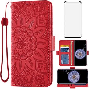 Asuwish Phone Case for Samsung Galaxy S9 Plus with Tempered Glass Screen Protector and Flower Leather Wallet Flip Cover Credit Card Holder Stand Cell Accessories S9+ 9S 9+ S 9 9plus S9plus Women Red