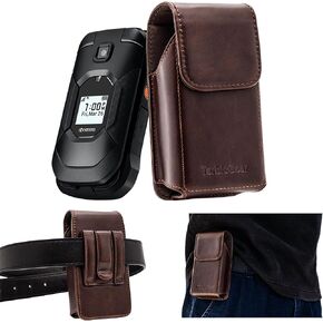Leather Flip Phone Case with Belt Clip, Pouch for Kyocera & TCL Flip Phone Holster for Belt, Cat S22 Flip Case, Nokia Flip Phones, Sonim XP3 Plus Magnetic Phone Pouch, Brown Color