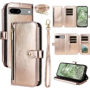 Wallet Case for Google Pixel 7A 5G 2023 with Wrist Strap Shoulder Strap Zipper Purse, PU Leather Flip Folio Credit Card Holder Stand Accessories Cell Phone Cover for Pixel7A A7 Women Men Gold