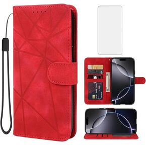Case for iPhone 16 Pro Max Case, Apple 16 Pro Max Wallet Case with Tempered Glass Screen Protector, Skin Feel Leather Flip Credit Card Holder Stand Phone Cover for iPhone 16 Pro Max Red