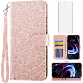 Asuwish Phone Case for Motorola Moto Edge 2021/MotoEdge 5G UW with Tempered Glass Screen Protector and Glitter Wallet Cover Flip Card Holder Slot Stand Cell Accessories MotoEdge5GUW Women Men Pink