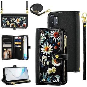 Floral Wallet Case for Samsung Galaxy Note 10 Plus Note10+ 5G with Wrist Strap Shoulder Strap Flip Zipper Purse PU Leather Stand Cell Phone Cover for Note10 + Notes 10+ Ten Not S10 10Plus Black