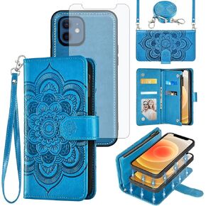 Asuwish Phone Case for iPhone 12 Mini 5.4 Zipper Wallet Detachable Cell Cover with Tempered Glass Screen Protector Strap Flower Card Holder Slot iPhone12mini 5G i 12s iPhone12 12mini Women Girls Blue