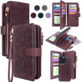 Compatible with iPhone 15 Pro 6.1 inch 5G 2023 Wallet Case with [Card Slots] Detachable Removable Phone Cover Cash Coin Zipper Pocket Wrist Strap (Floral Wine Red)
